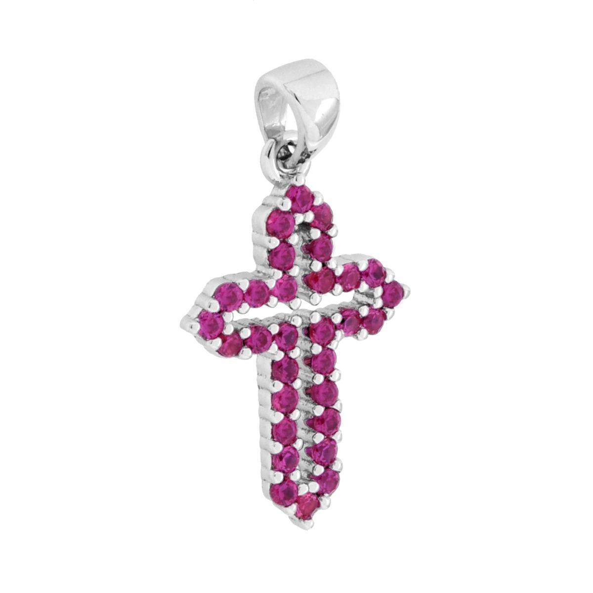 Ciondolo Croce con Cubic Zirconia Rosso Rubino in ARGENTO 925 Galvanica Rodio