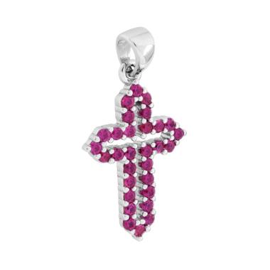 Ciondolo Croce con Cubic Zirconia Rosso Rubino in ARGENTO 925 Galvanica Rodio