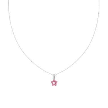 Collana Catena Forzatina Diamantata con Fiore smalto Rosa e Perla in ARGENTO 925 Galvanica Rodio