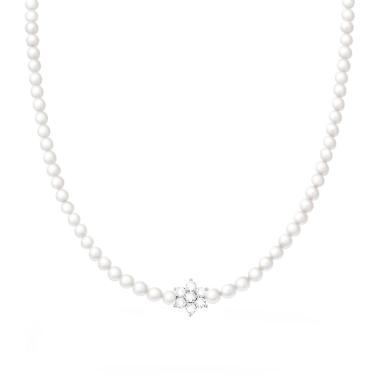 Collana Perla mm 4 in Vetro perlato con Fiore centrale Cubic Zirconia Bianchi con filo e chiusura in ARGENTO 925 Galvanica Rodio
