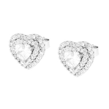 Orecchini Cuore con Zircone Bianco contornato da Zirconi Bianchi in ARGENTO 925 Galvanica Rodio