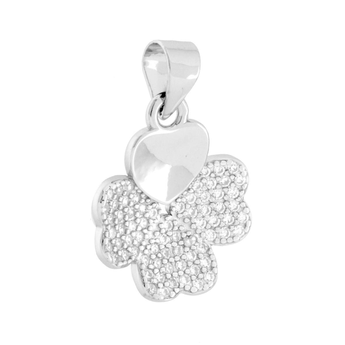 Ciondolo Quadrifoglio con Cuore e Cubic Zirconia Bianchi in ARGENTO 925 Galvanica Rodio