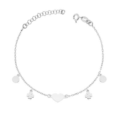 Bracciale Catena Forzatina Diamantata con Cuore e Quadrifogli plain in ARGENTO 925 Galvanica Rodio