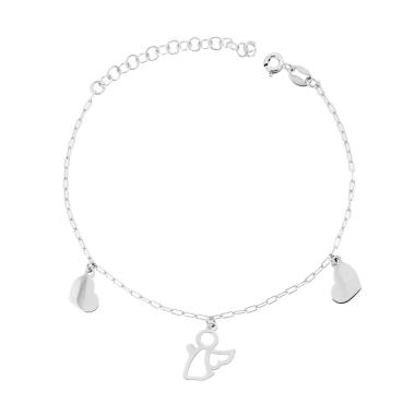 Bracciale Catena Forzatina Allungata Diamantata con Cuori e Angelo plain in ARGENTO 925 Galvanica Rodio