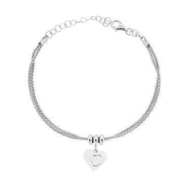 Bracciale due fili Catena Coreana con Cuori pendenti in ARGENTO 925 Galvanica Rodio
