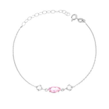 Bracciale Catena Forzatina Diamantata con Punti Luce Tondo e Marquise Crystal Bianco e Rosa in ARGENTO 925 Galvanica Rodio