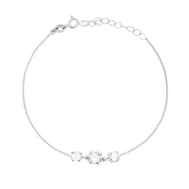 Bracciale Catena Forzatina Diamantata con Trilogy Punti Luce Tondo Crystal Bianco in ARGENTO 925 Galvanica Rodio