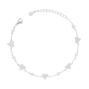 Bracciale Catena Forzatina Diamantata Cuori e Punto Luce Cubic Zirconia Bianchi in ARGENTO Galvanica Rodio