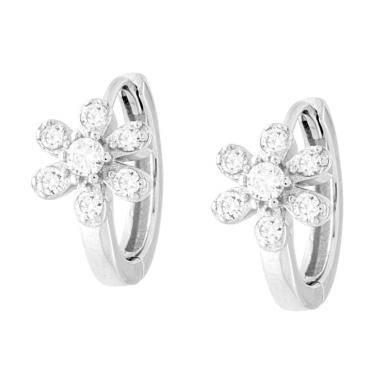 Orecchini Cerchio a Scattino mm 16 con Fiore Cubic Zirconia Bianchi in ARGENTO 925 Galvanica Rodio
