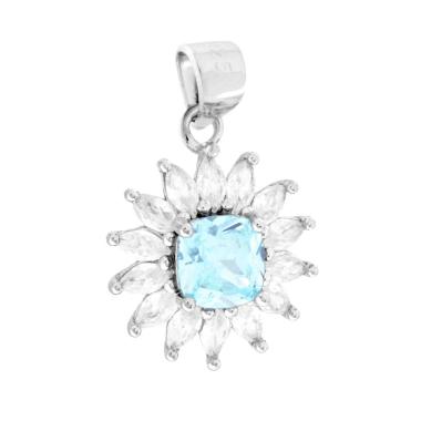 Ciondolo Quadrato Cushion Acquamarina contornato da Cubic Zirconia Marquise Bianchi in ARGENTO 925 Galvanica Rodio