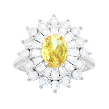 Anello Ovale Topazio Giallo contornato da Cubic Zirconia Trapezio Bianchi in ARGENTO 925 Galvanica Rodio