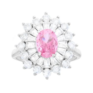 Anello Ovale Rosa contornato da Cubic Zirconia Trapezio Bianchi in ARGENTO 925 Galvanica Rodio