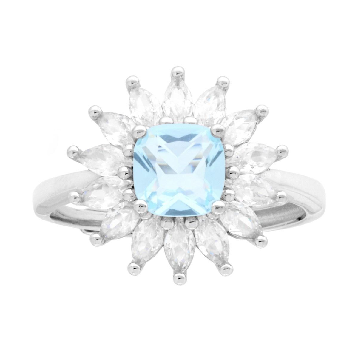 Anello Solitario Quadrato Cushion Acquamarina contornato da Cubic Zirconia Marquise Bianchi in ARGENTO 925 Galvanica Rodio