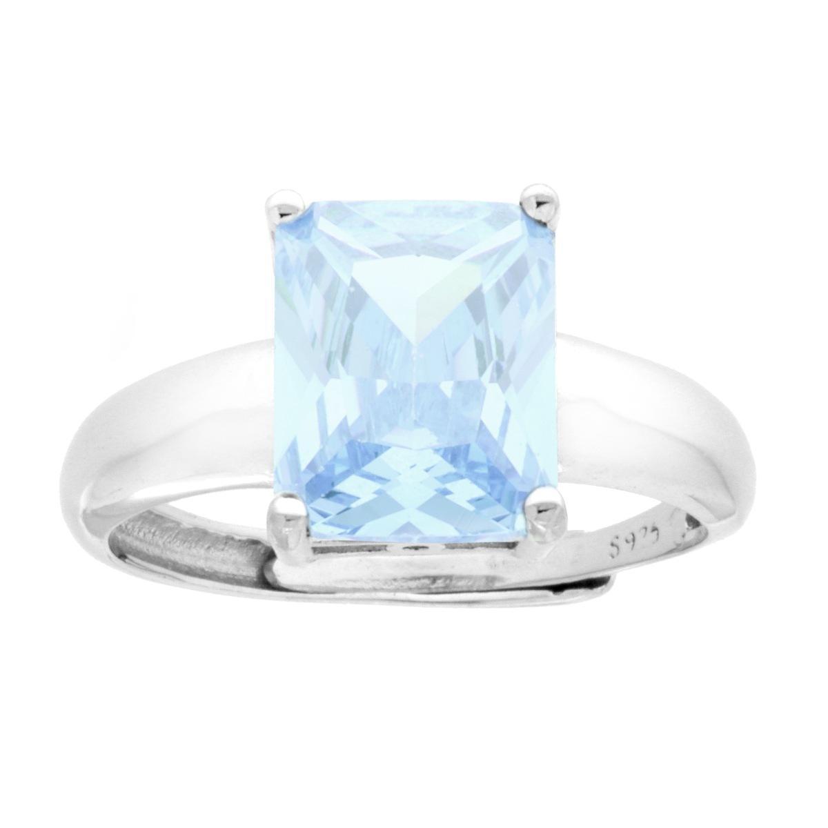 Anello Solitario Rettangolo Cubic Zirconia Acquamarina in ARGENTO 925 Galvanica Rodio