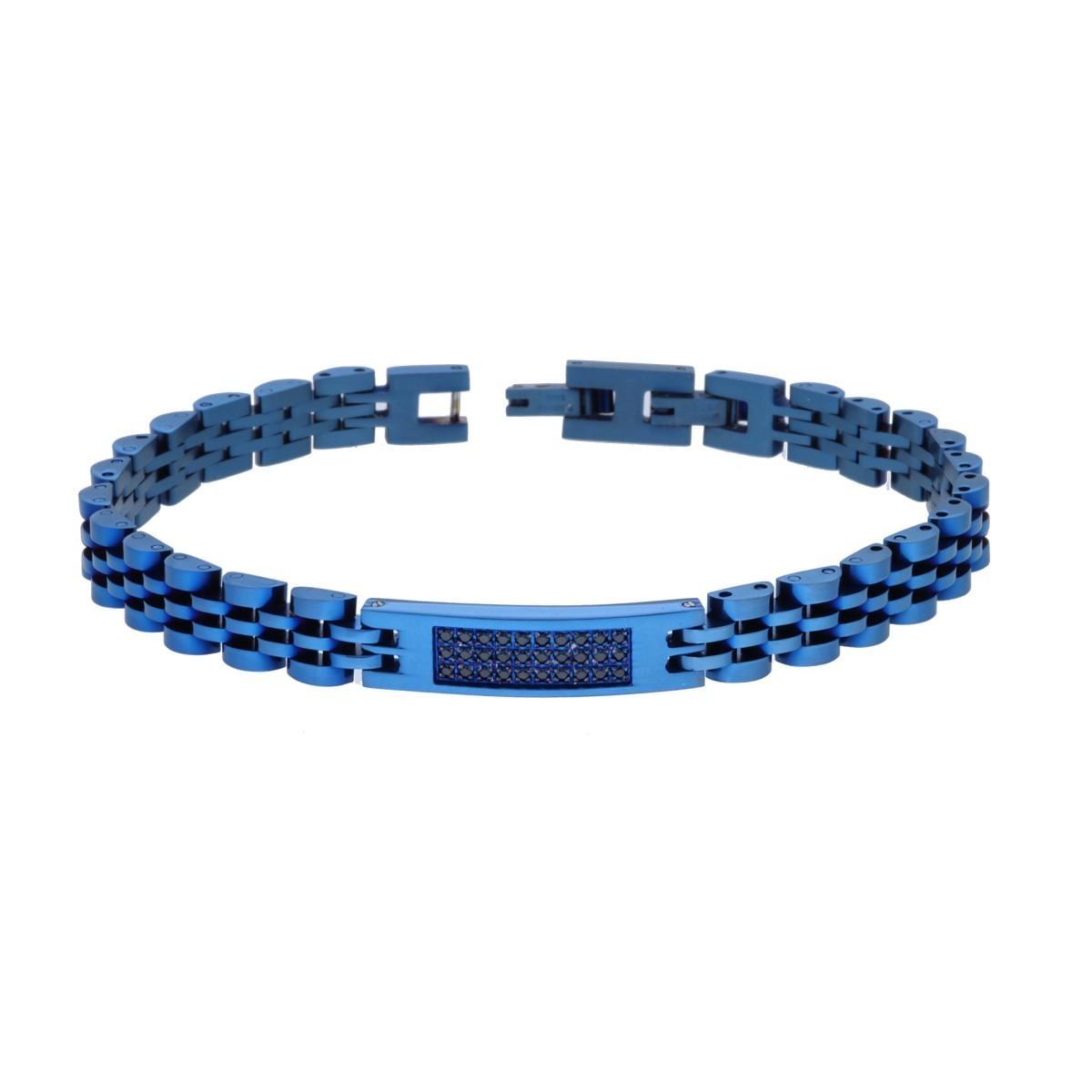 Bracciale Uomo Catena Imperniata con Targa e Crystal Neri in ACCIAIO colore Blu