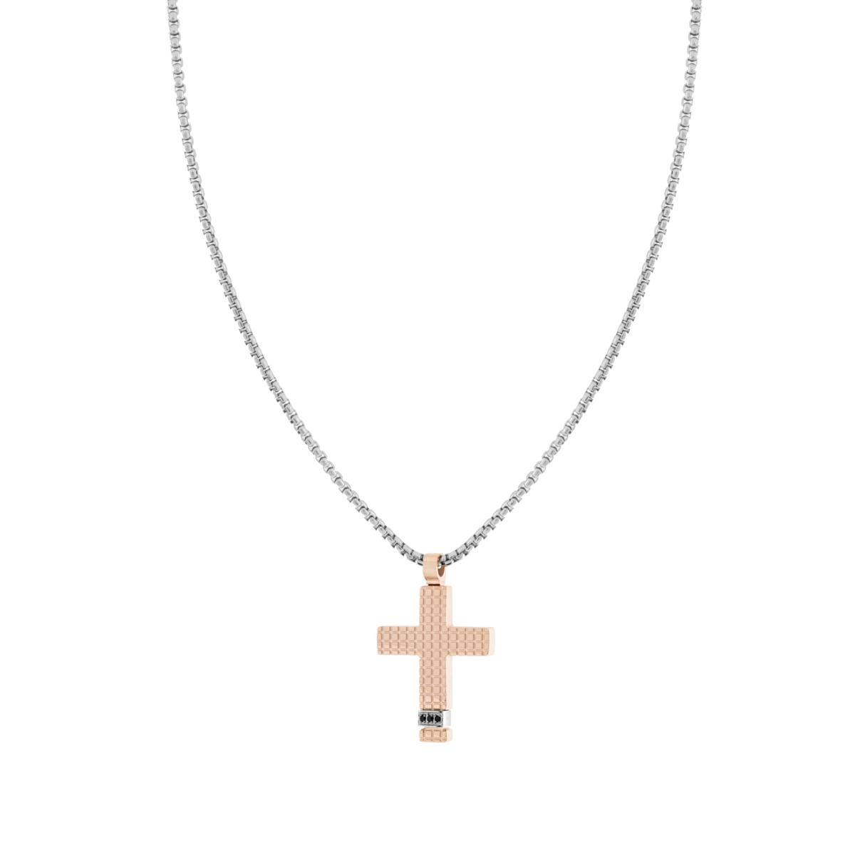 Collana Uomo Catena Veneziana Tonda con Croce Quadrettata Rosa con Crystal Neri in ACCIAIO