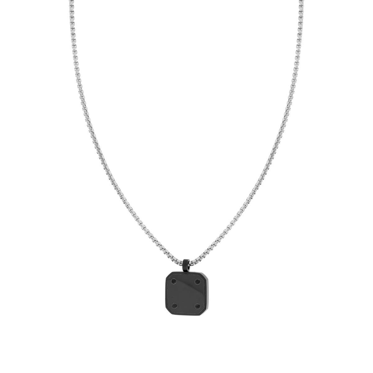 Collana Uomo Catena Veneziana Tonda con Piastra Quadrata Nera in ACCIAIO