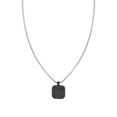 Collana Uomo Catena Veneziana Tonda con Piastra Quadrata Nera in ACCIAIO