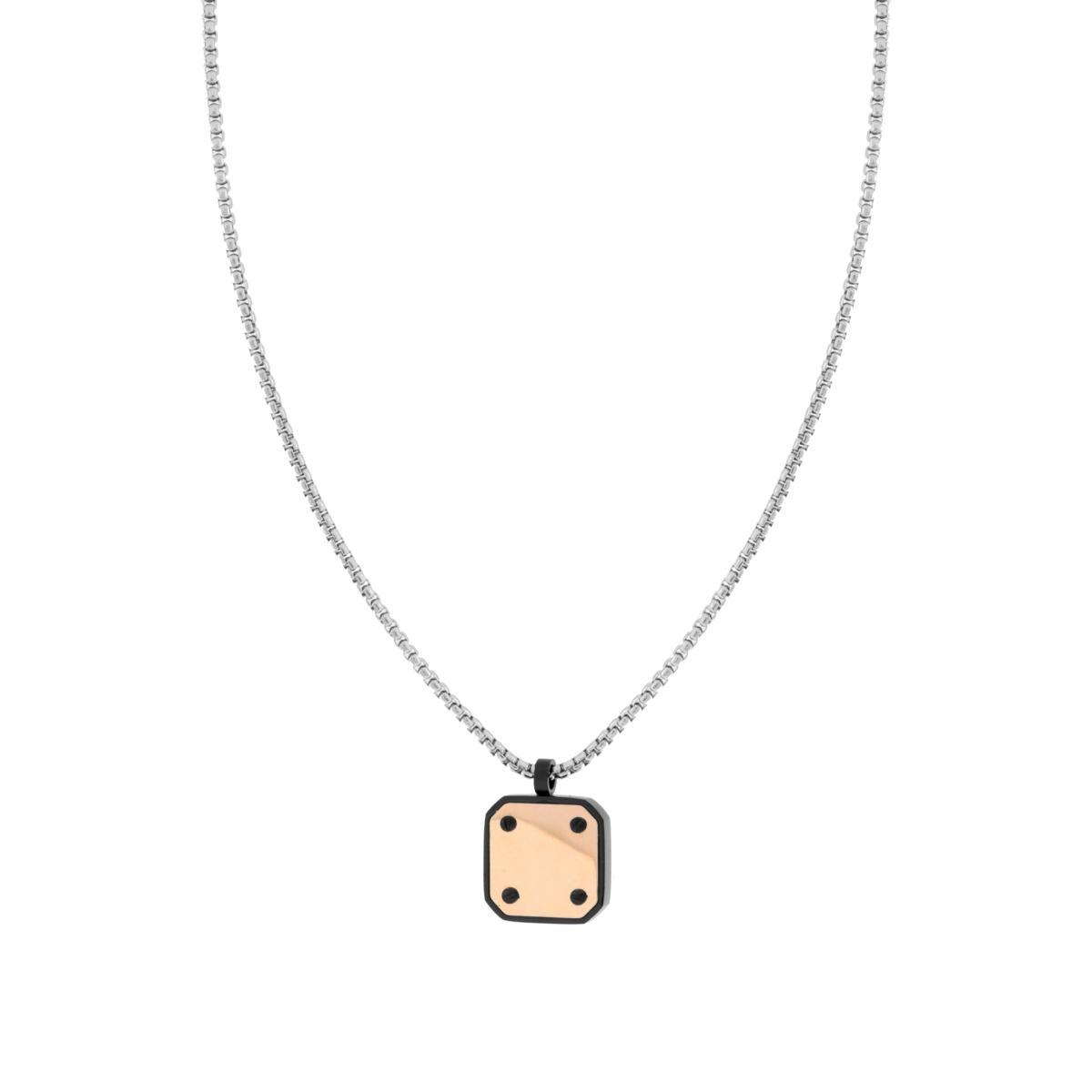 Collana Uomo Catena Veneziana Tonda con Piastra Quadrata Rosa e Nero in ACCIAIO