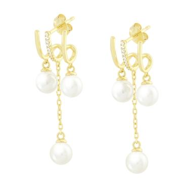 Orecchini Chandelier Perle e Cubic Zirconia Bianchi in ARGENTO 925 Galvanica Oro