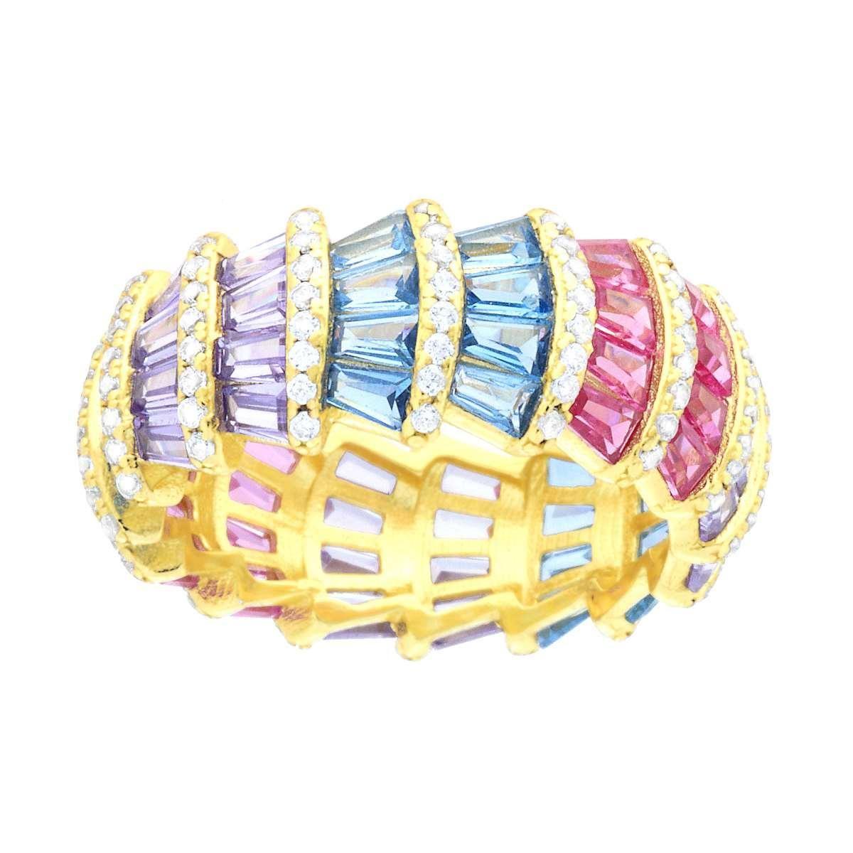Anello Fascia modello Eternity con Cubic Zirconia Bianchi e Cubic Zirconia taglio baguette Rosa Glicine Acquamarina in ARGENTO 925 Galvanica Oro
