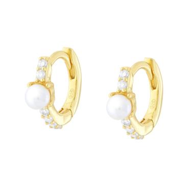 Orecchini Cerchio Scattino con Perla e Cubic Zirconia Bianchi in ARGENTO 925 Galvanica Oro