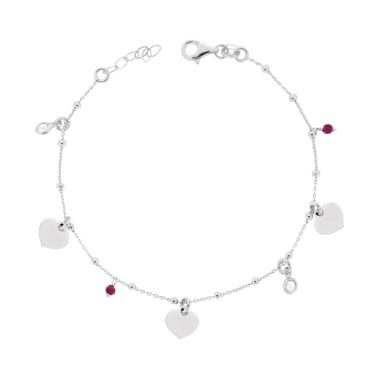 Bracciale Catena Forzatina con Cuori plain pendenti Crystal Rosso Rubino e Cubic Zirconia Bianchi in ARGENTO 925 Galvanica Rodio