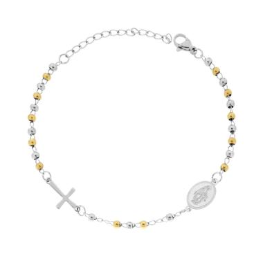 Bracciale Rosario cm 18+5 con Grani Pallina Liscia mm 3 con Croce e Medaglia Madonna in ACCIAIO e colore Oro