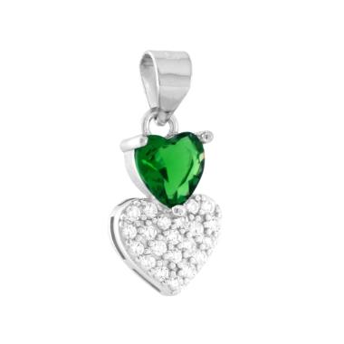 Ciondolo Cuori con Cubic Zirconia Verde Smeraldo e Bianchi in ARGENTO 925 Galvanica Rodio