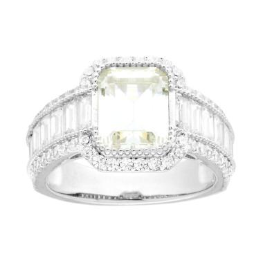 Anello Solitario Quadrato Quarzo Citrino con Cubic Zirconia e Baguette Bianchi in ARGENTO 925 Galvanica Rodio