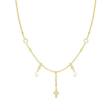 Collana Catena Forzatina Diamantata con Perle Croce e Cubic Zirconia Bianchi in ARGENTO 925 Galvanica Oro