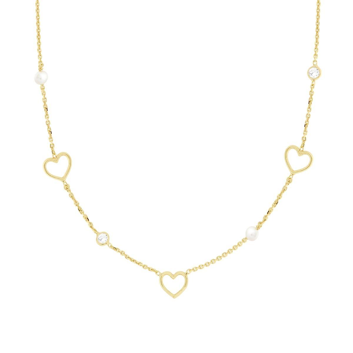 Collana Catena Forzatina Diamantata con Perle Cuori e Cubic Zirconia Bianchi in ARGENTO 925 Galvanica Oro