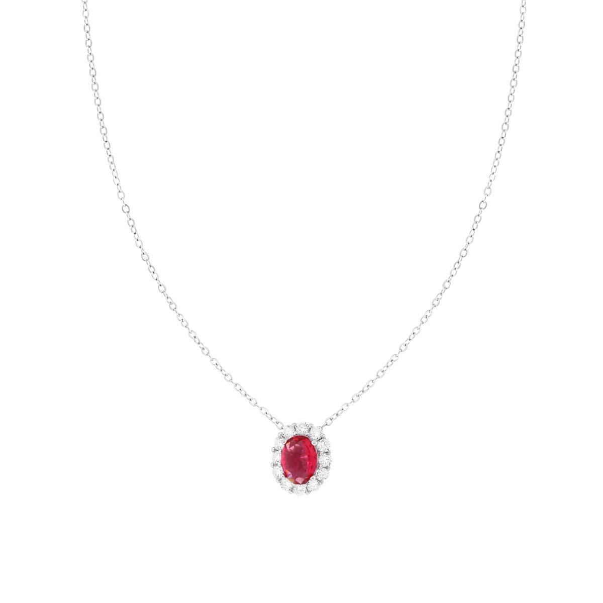 Collana Catena Forzatina Diamantata con Ovale Rosso Rubino contornato da Cubic Zirconia Bianchi in ARGENTO 925 Galvanica Rodio