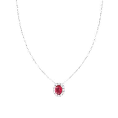 Collana Catena Forzatina Diamantata con Ovale Rosso Rubino contornato da Cubic Zirconia Bianchi in ARGENTO 925 Galvanica Rodio