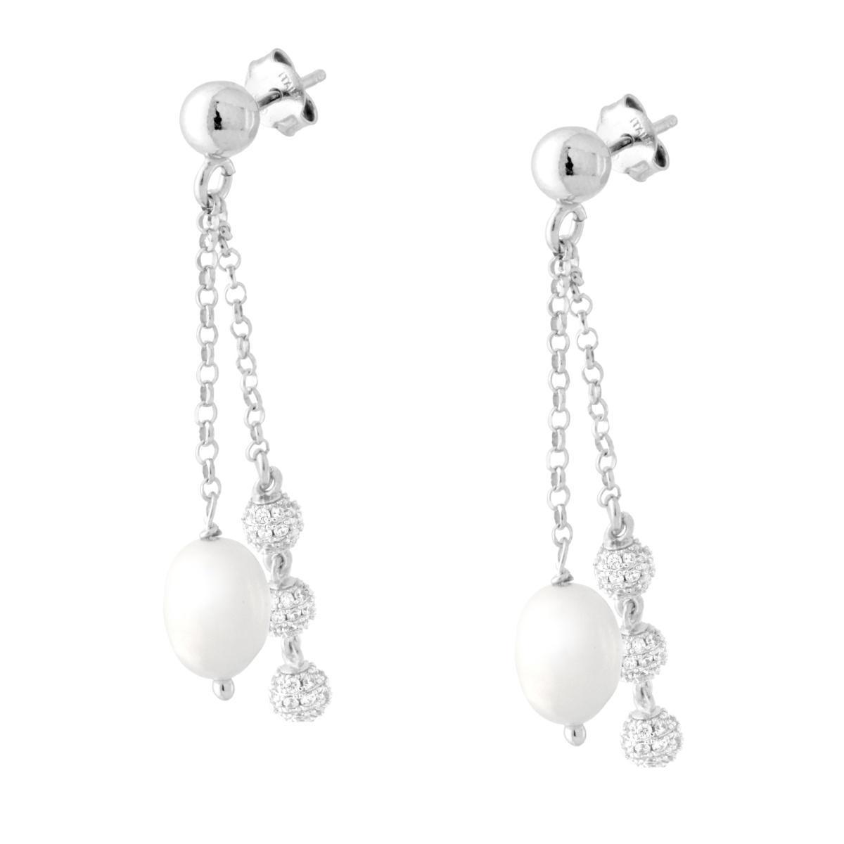 Orecchini due fili Catena Rolo con Perla e Palline Cubic Zirconia Bianchi in ARGENTO 925 Galvanica Rodio