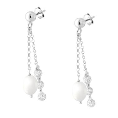 Orecchini due fili Catena Rolo con Perla e Palline Cubic Zirconia Bianchi in ARGENTO 925 Galvanica Rodio