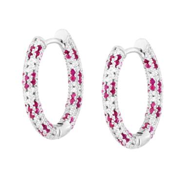 Orecchini Cerchio Creola con Cubic Zirconia Rosso Rubino e Bianchi in ARGENTO 925 Galvanica Rodio