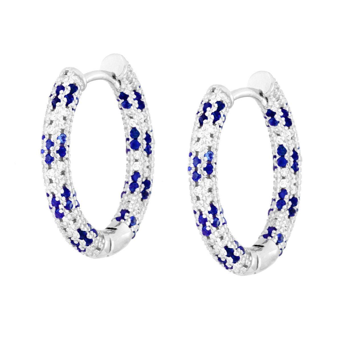 Orecchini Cerchio Creola con Cubic Zirconia Blu Zaffiro e Bianchi in ARGENTO 925 Galvanica Rodio