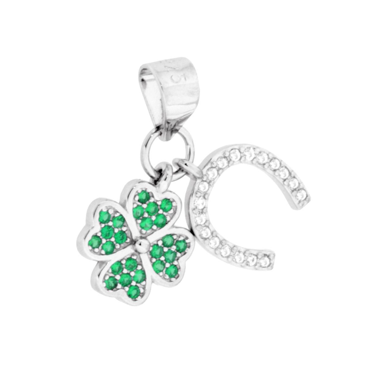 Ciondolo doppio con Quadrifoglio e Ferro di Cavallo portafortuna con Cubic Zirconia Verde Smeraldo e Bianchi in ARGENTO 925 Galvanica Rodio