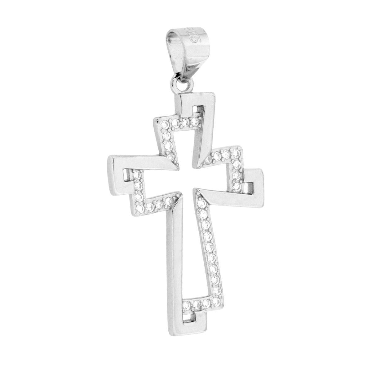 Ciondolo Croce con Cubic Zirconia Bianchi in ARGENTO 925 Galvanica Rodio