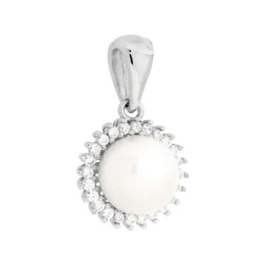 Ciondolo Perla contornata con Cubic Zirconia Bianchi in ARGENTO 925 Galvanica Rodio