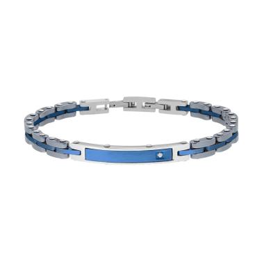 Bracciale Uomo Maglia Imperniata in Ceramica Antracite con Targa colore Blu e Crystal Bianco in ACCIAIO