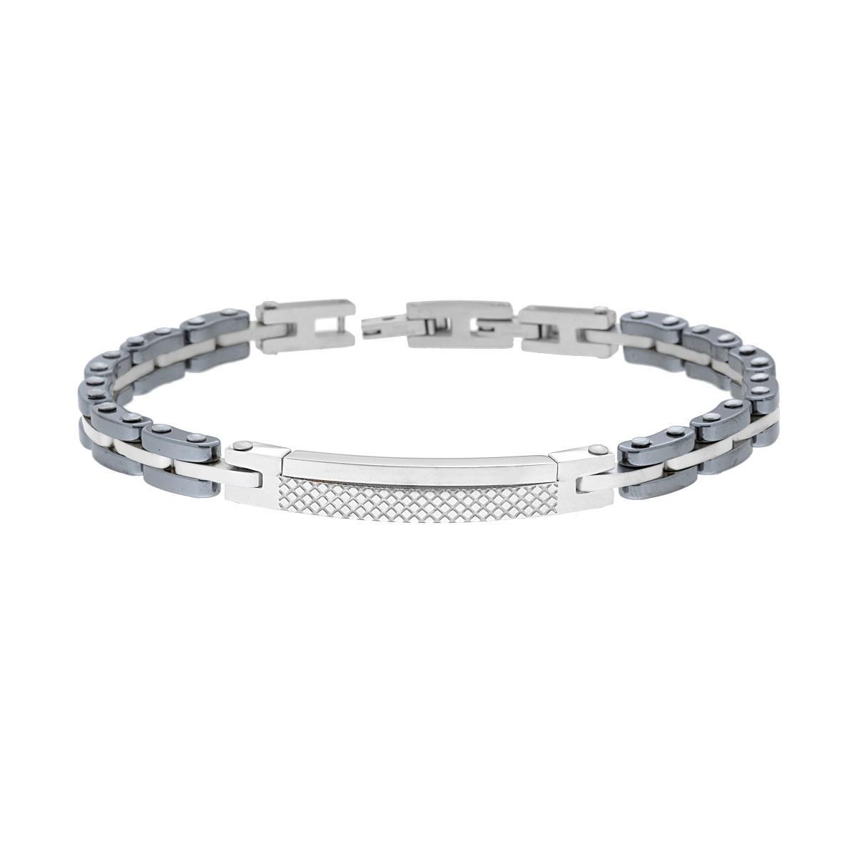 Bracciale Uomo Maglia Imperniata in Ceramica Antracite con Targa in ACCIAIO