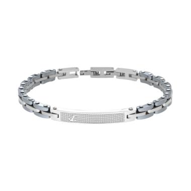 Bracciale Uomo Maglia Imperniata con Ceramica Antracite Targa e Ancora in ACCIAIO