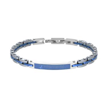 Bracciale Uomo Maglia Imperniata con Ceramica Antracite Targa Blu e Ancora in ACCIAIO