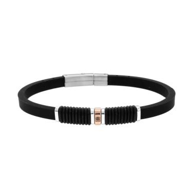 Bracciale Uomo in PVC Caucciu Nero con Accessori Rosa e Crystal Nero in ACCIAIO