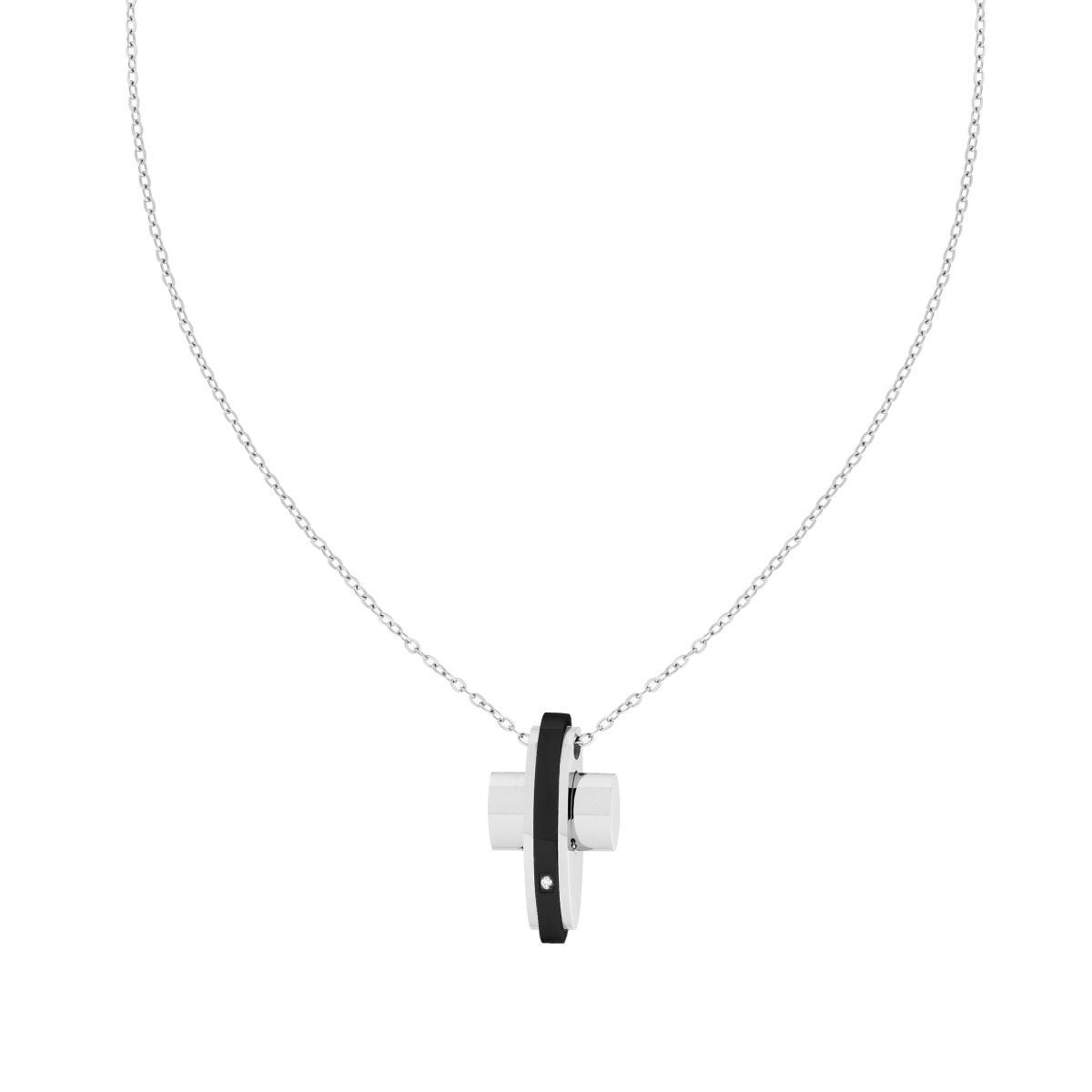 Collana Catena Forzatina Diamantata con Croce Nera con Crystal Bianco in ACCIAIO