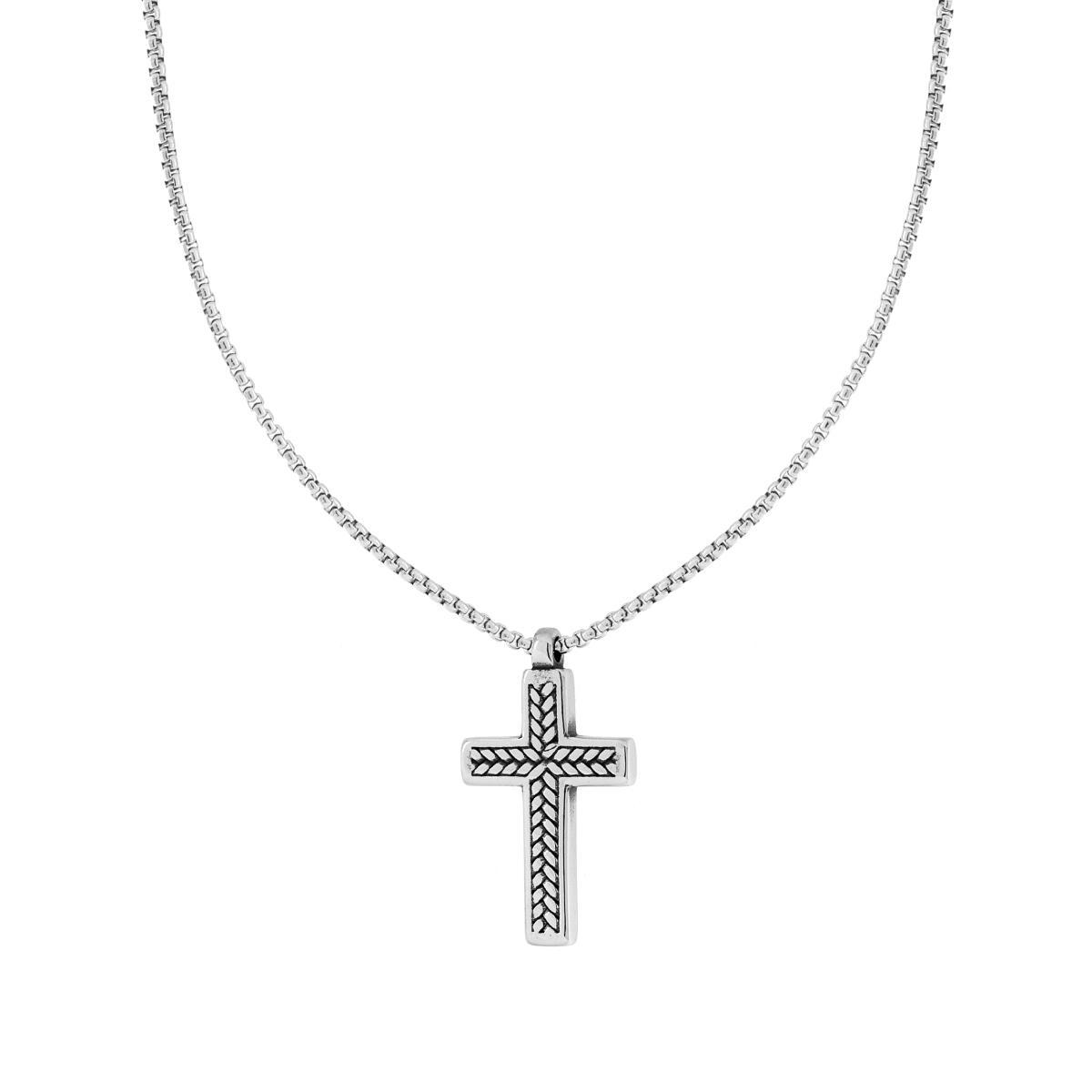 Collana Catena Veneziana Tonda e Croce con Decoro a Treccia in ACCIAIO