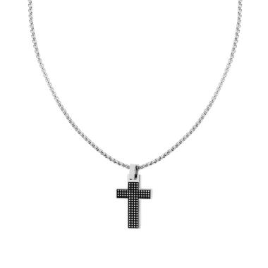 Collana Catena Veneziana Tonda e Croce con Decoro Pallinato in ACCIAIO