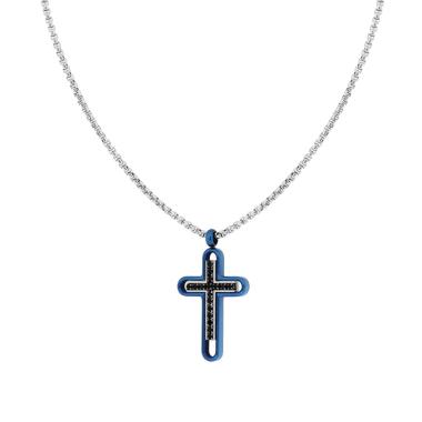 Collana Catena Veneziana Tonda con Croce Blu e Crystal Neri in ACCIAIO